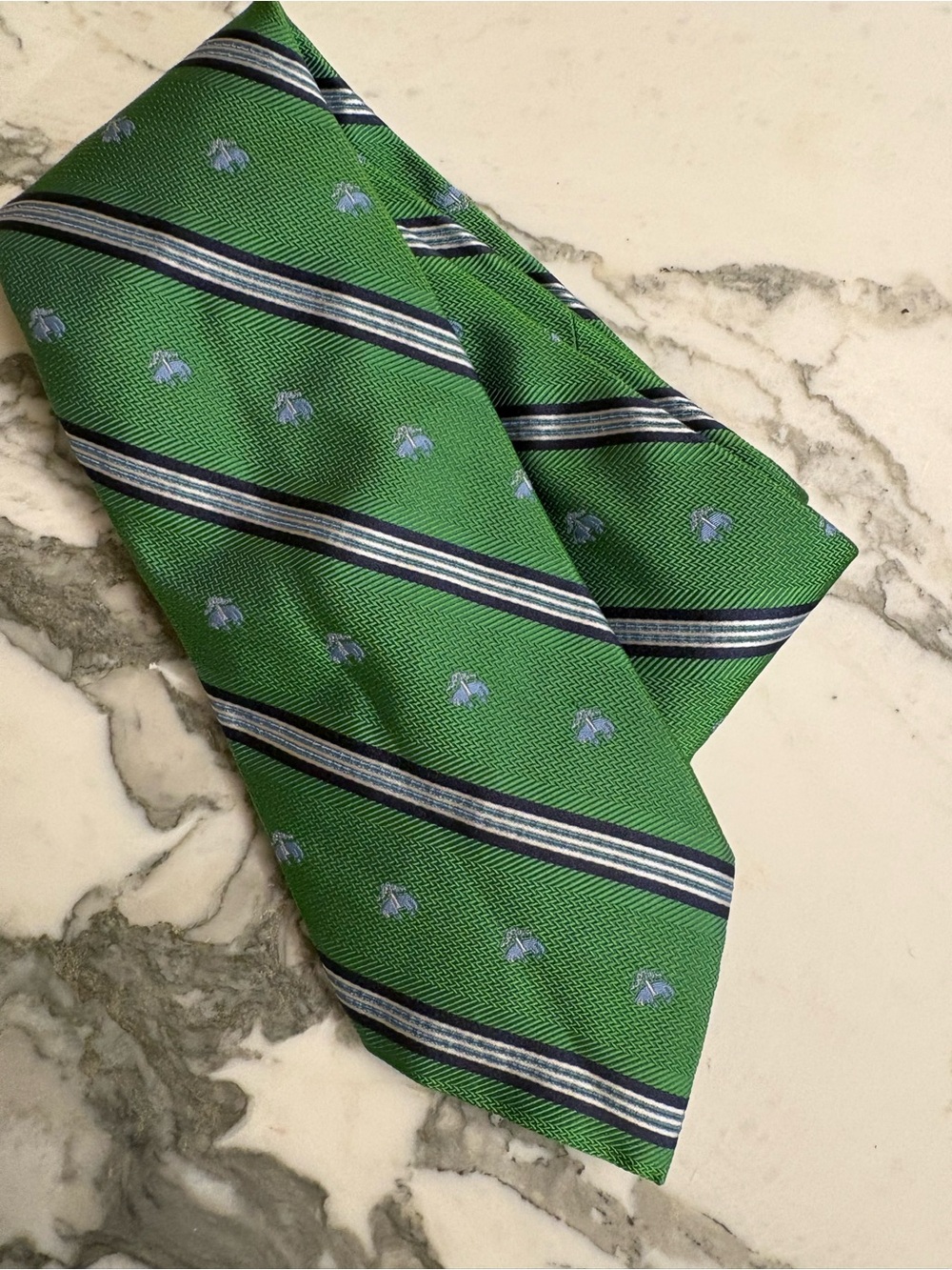 Brooks Brothers Green Striped Tie with Light Blue Motifs
